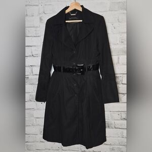 ZARA Black Belted Trench Coat Longline Classic Button Front Size Large